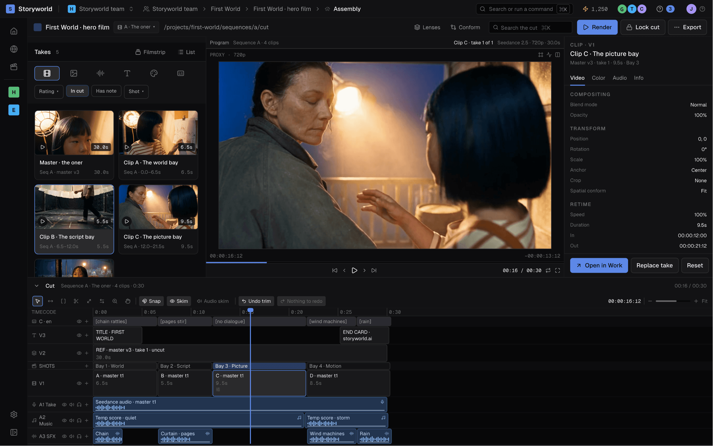 Rasu AI assembly of the First World hero film: a takes bin of hero-film frames, Nara and Mei on the porch in the program monitor, and a cut timeline with the four bays as shots, captions, temp score and effects lanes