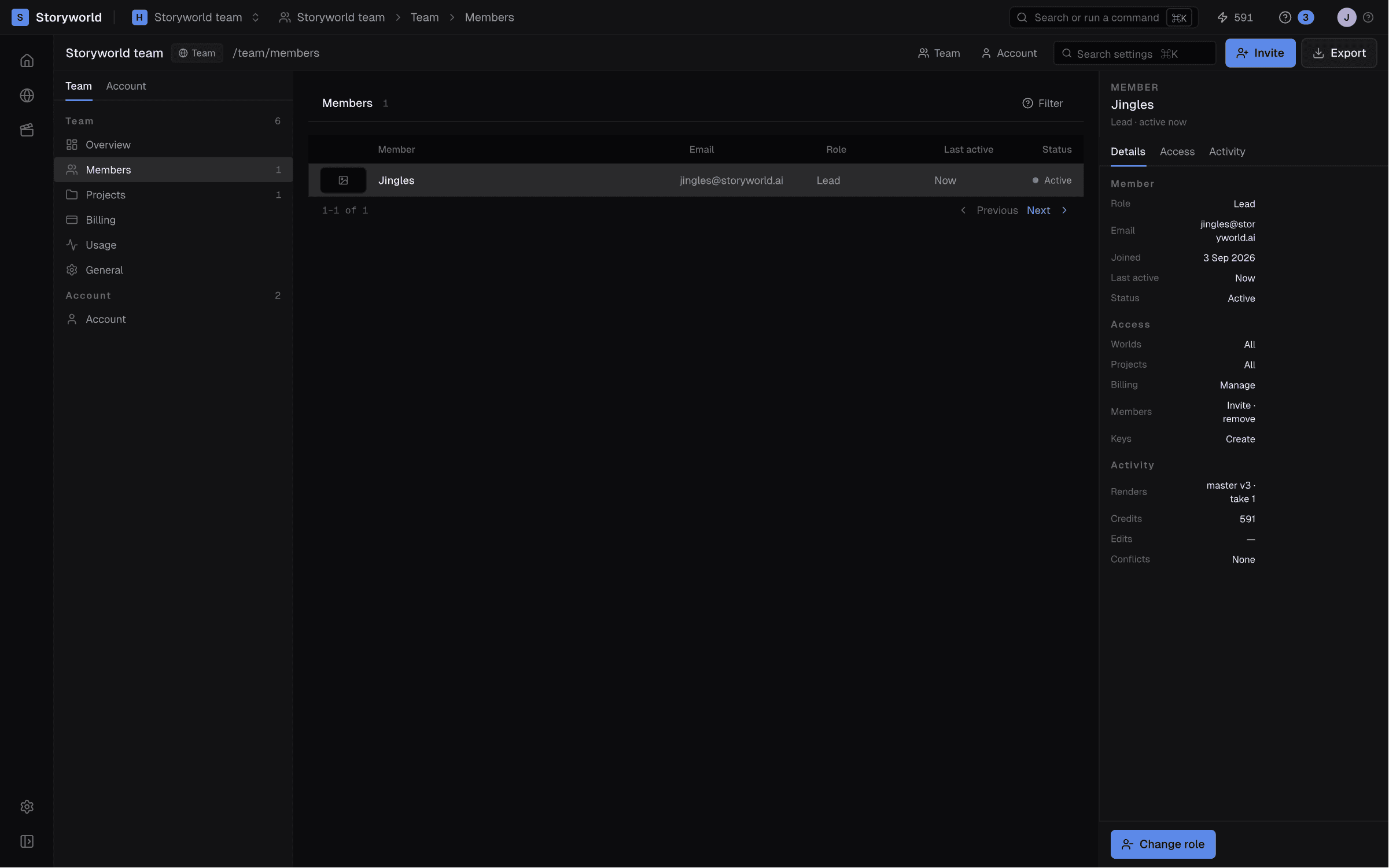 Rasu AI Team Members screen for a one-person team: one member, Jingles, listed as lead with an Invite button in the header, and the member's role, access and activity open in the inspector
